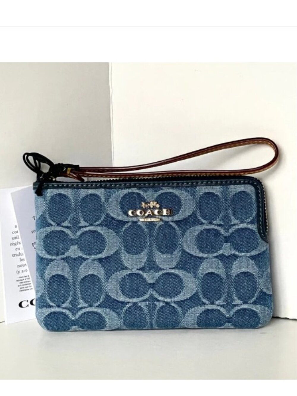 Coach Corner Zip Wristlet Blue Signature Denim Leather Wallet CDF26